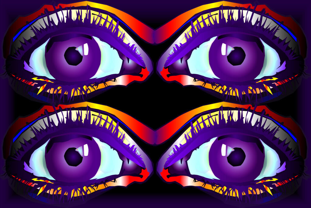 Bright purple humaniod eyes with vivid blue and red accents, digitally illustrated for lightcolourvision.org.