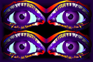 Bright purple humaniod eyes with vivid blue and red accents, digitally illustrated for lightcolourvision.org.
