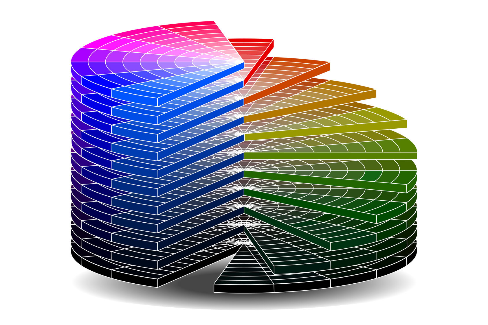 Vivid colourful 3D pie chart representing light and colour perception and visual diversity.