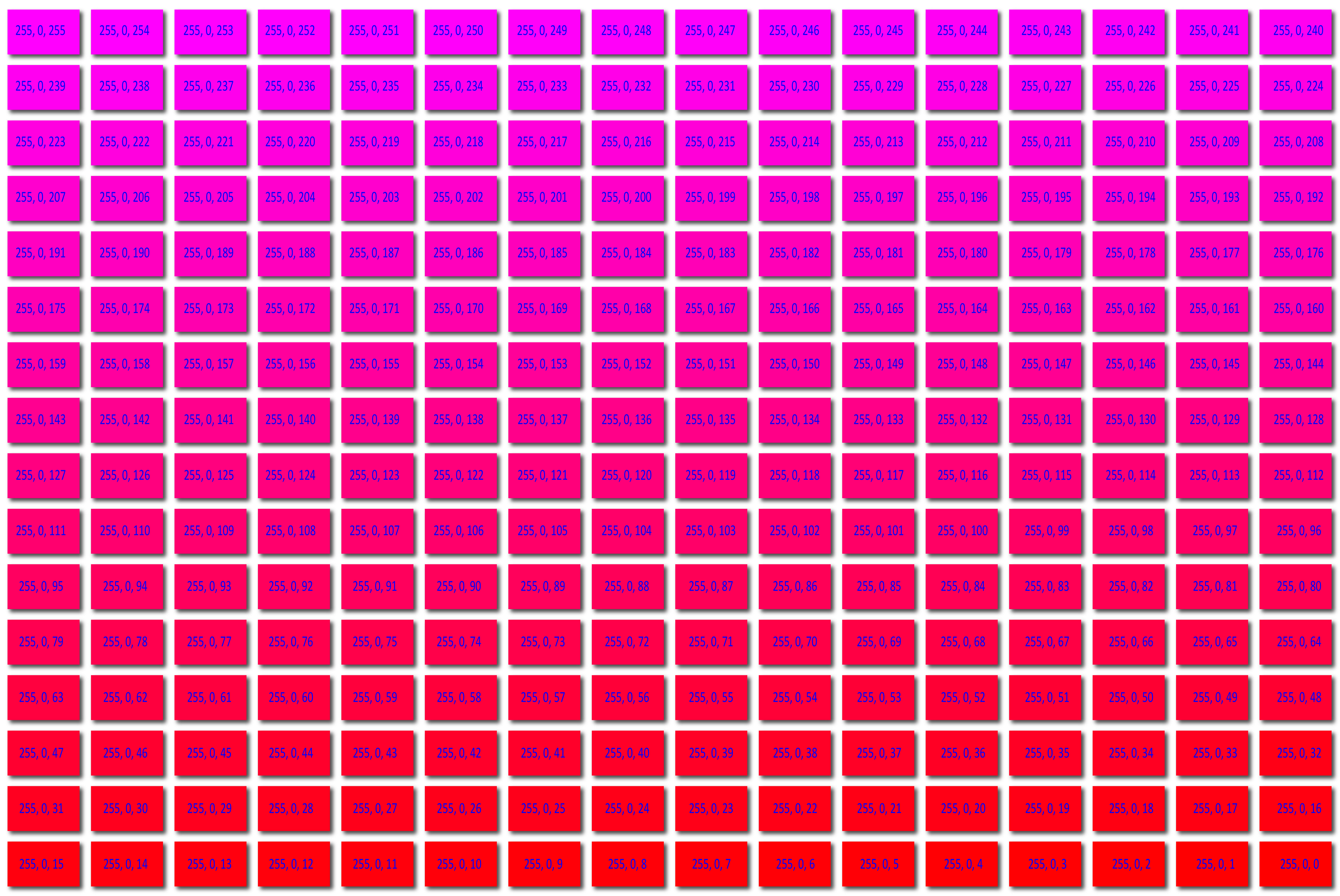256 RGB Colours - Magenta to Red - Values