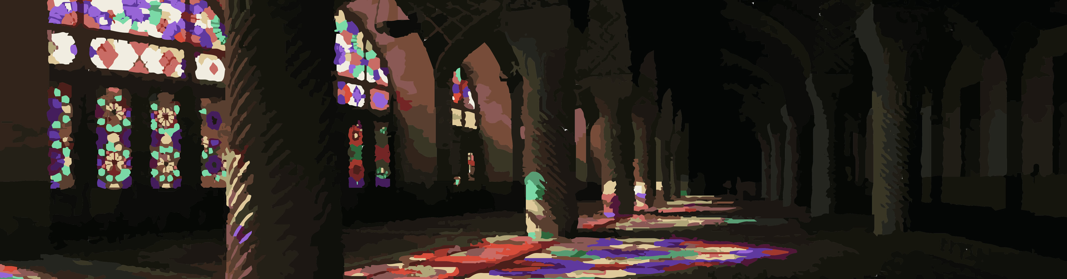 Vivid stained glass windows with colourful light effects in a historic church or cathedral setting.